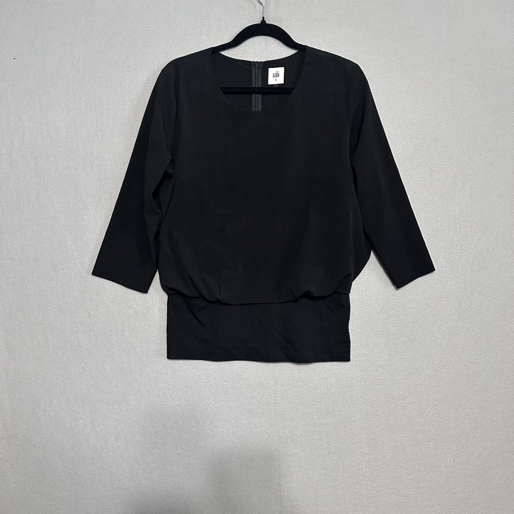 Cabi Black 3/4 Sleeve Double Layer Hem Blouse Round Neck Back Zip Top Medium